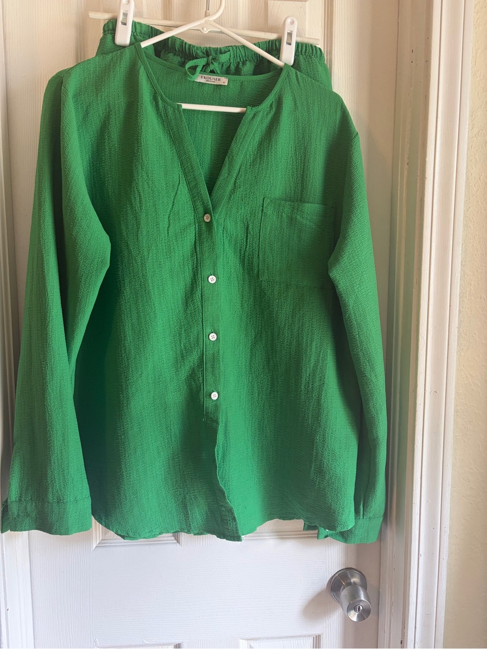 Green Textured Button-Up and Short Set
